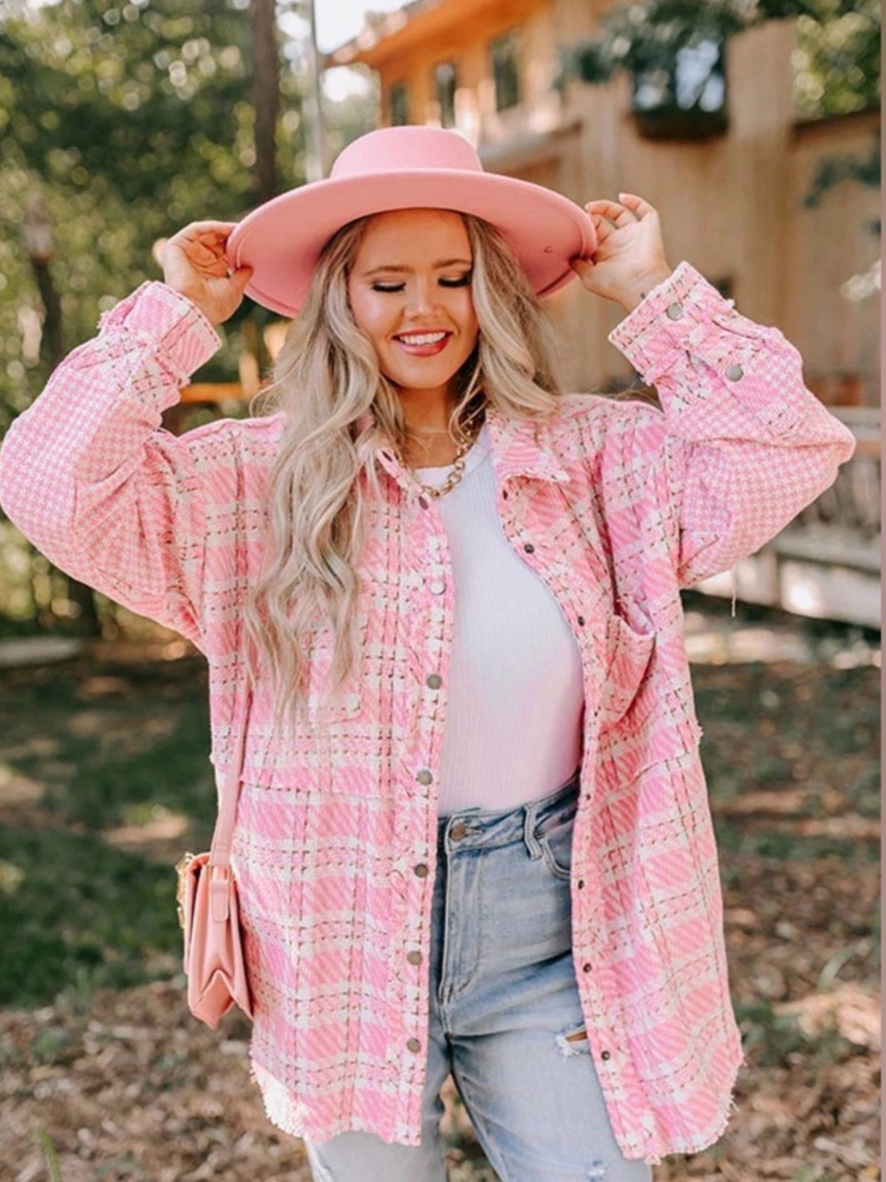 Fate Pink & White Tweed Barbiecore Academic Plaid Jacket
